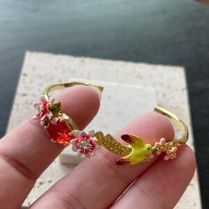 Les Nereides Gold Pink Bird Bracelet Floral Statement Jewelry